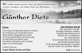 Traueranzeige von Günther Dietz von Südthüringer Presse