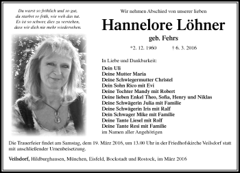 Traueranzeige von Hannelore Löhner von Südthüringer Presse