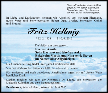 Traueranzeige von Fritz Hellmig von Südthüringer Presse