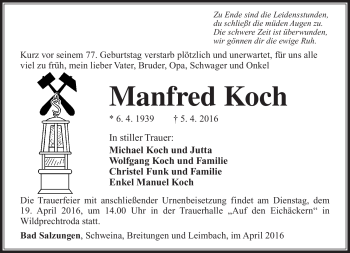Traueranzeige von Manfred Koch von Südthüringer Presse