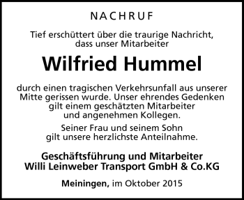 Traueranzeige von Wilfried Hummel von Südthüringer Presse