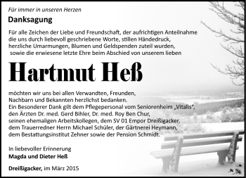 Traueranzeige von Hartmut Heß von Südthüringer Presse
