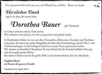 Traueranzeige von Dorothea Bauer von Südthüringer Presse