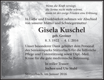 Traueranzeige von Gisela Kuschel von Südthüringer Presse