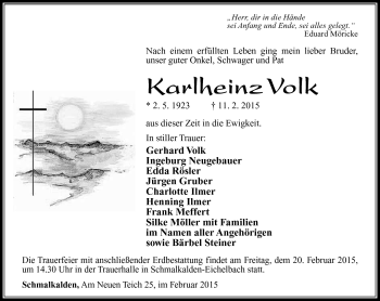 Traueranzeige von Karlheinz Volk von Südthüringer Presse