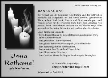 Traueranzeige von Irma Rothamel von Südthüringer Presse