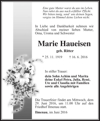 Traueranzeige von Marie Haueisen von Südthüringer Presse