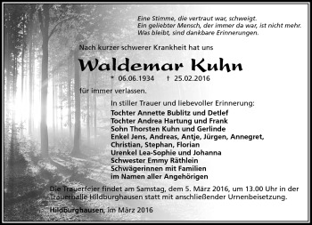 Traueranzeige von Waldemar Kuhn von Südthüringer Presse