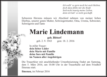 Traueranzeige von Marie Lindemann von Südthüringer Presse