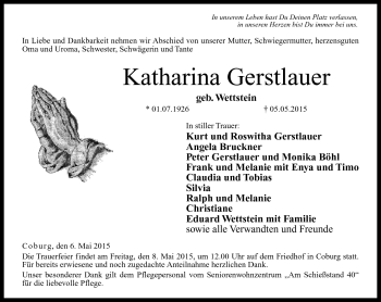 Traueranzeige von Katharina Gerstlauer von Neue Presse Coburg