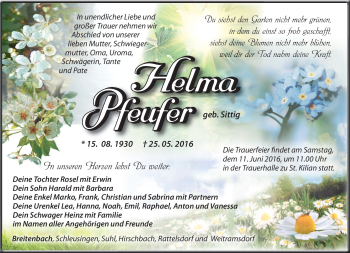 Traueranzeige von Helma Pfeufer von Südthüringer Presse