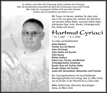 Traueranzeige von Hartmut Cyriaci von Südthüringer Presse