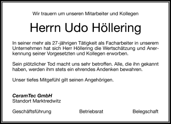 Traueranzeige von Udo Höllering von Frankenpost
