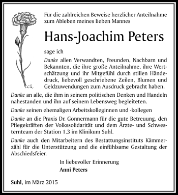 Traueranzeige von Hans-Joachim Peters von Südthüringer Presse