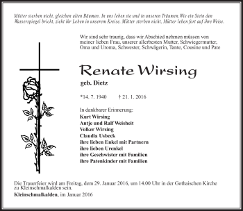 Traueranzeige von Renate Wirsing von Südthüringer Presse