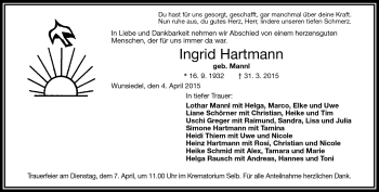 Traueranzeige von Ingrid Hartmann von Frankenpost