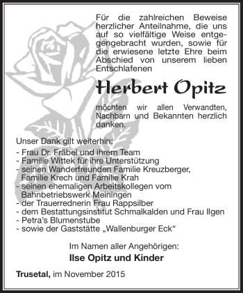 Traueranzeige von Herbert Opitz von Südthüringer Presse
