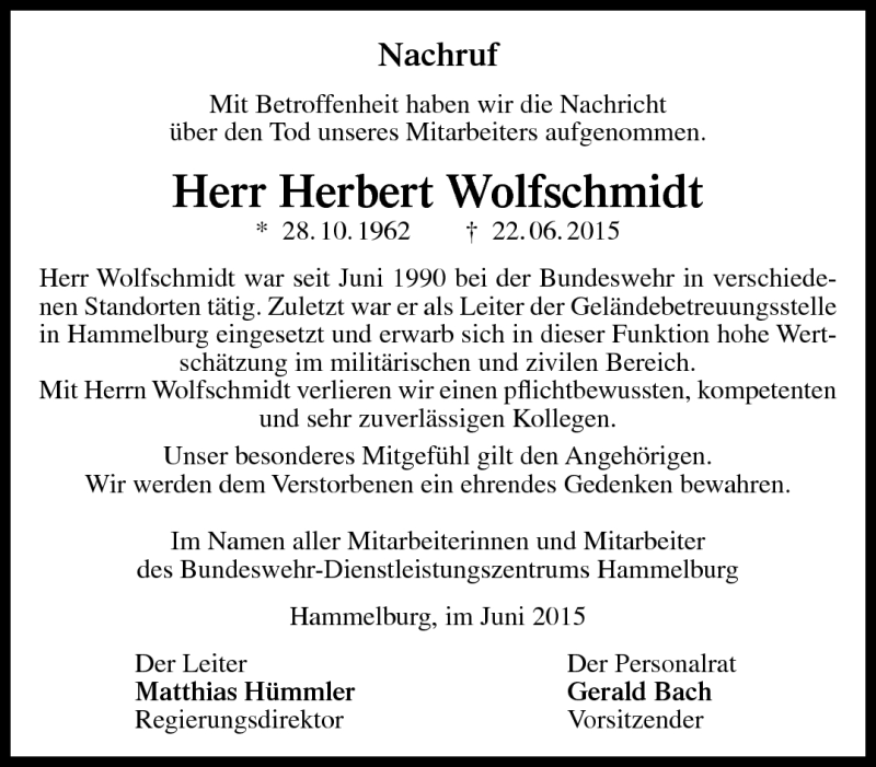  Traueranzeige für Herbert Wolfschmidt vom 26.06.2015 aus Neue Presse Coburg