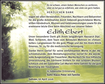 Traueranzeige von Edith Ebert von Südthüringer Presse