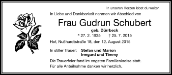 Traueranzeige von Gudrun Schubert von Frankenpost