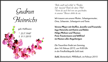 Traueranzeige von Gudrun Heinrichs von Südthüringer Presse
