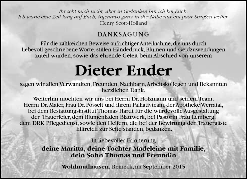  Traueranzeige für Dieter Ender vom 25.09.2015 aus Südthüringer Presse