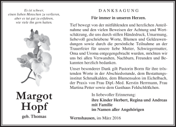 Traueranzeige von Margot Hopf von Südthüringer Presse