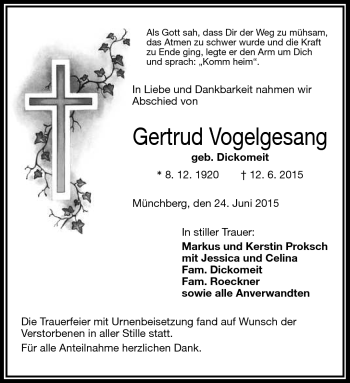 Traueranzeige von Gertrud Vogelgesang von Frankenpost