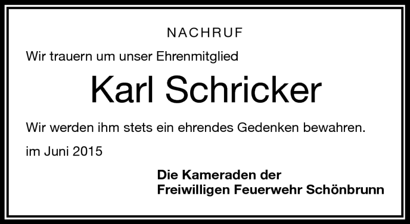  Traueranzeige für Karl Schricker vom 02.06.2015 aus Frankenpost