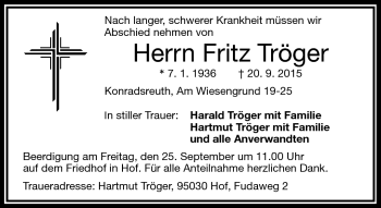 Traueranzeige von Fritz Tröger von Frankenpost