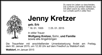 Traueranzeige von jenny Kretzer von Südthüringer Presse