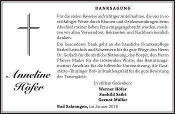 Traueranzeige von Anneline Höfer von Südthüringer Presse