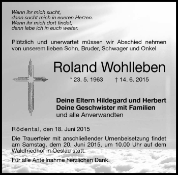 Traueranzeige von Roland Wohlleben von Neue Presse Coburg