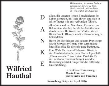 Traueranzeige von Wilfried Hauthal von Südthüringer Presse