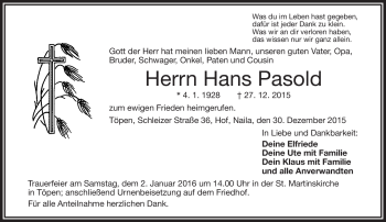 Traueranzeige von Hans Pasold von Frankenpost