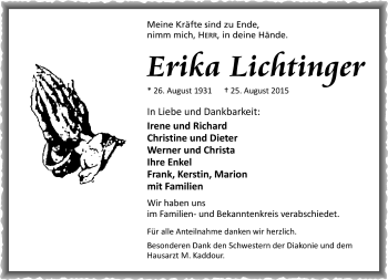 Traueranzeige von Erika Lichtinger von Frankenpost