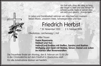 Traueranzeige von Friedrich Herbst von Frankenpost