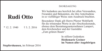 Traueranzeige von Rudi Otto von Südthüringer Presse