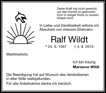 Traueranzeige von Ralf Wildt von Frankenpost