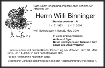 Traueranzeige von Willi Binninger von Frankenpost