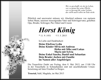 Traueranzeige von Horst König von Südthüringer Presse