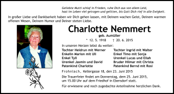 Traueranzeige von Charlotte Nemmert von Neue Presse Coburg