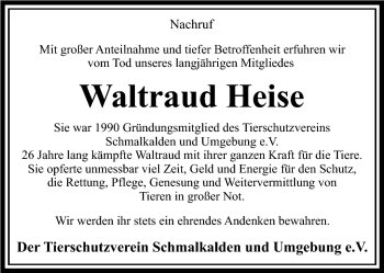 Traueranzeige von Waltraud Heise von Südthüringer Presse