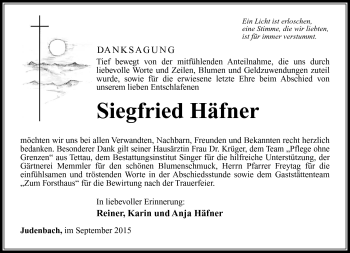 Traueranzeige von Siegfried Häfner von Südthüringer Presse