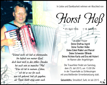 Traueranzeige von Horst Heß von Südthüringer Presse