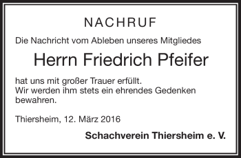 Traueranzeige von Friedrich Pfeifer von Frankenpost