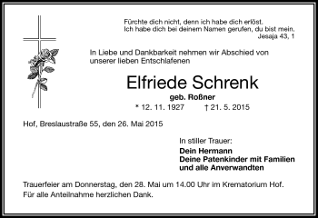 Traueranzeige von Elfriede Schrenk von Frankenpost