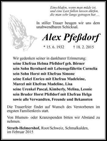 Traueranzeige von Alex Pfeßdorf von Südthüringer Presse