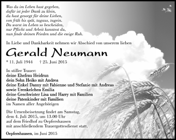 Traueranzeige von Gerlad Neumann von Südthüringer Presse