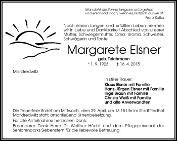 Traueranzeige von Margarete Elsner von Frankenpost